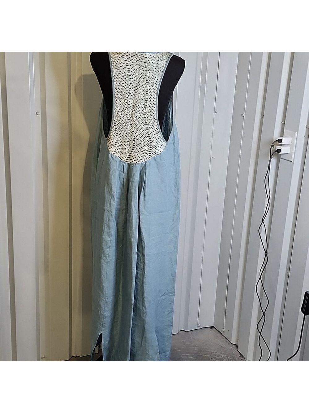 Maurizio Womens Light Blue Linen and Leather Maxi Dress Size Large Racerback - Picture 2 of 9